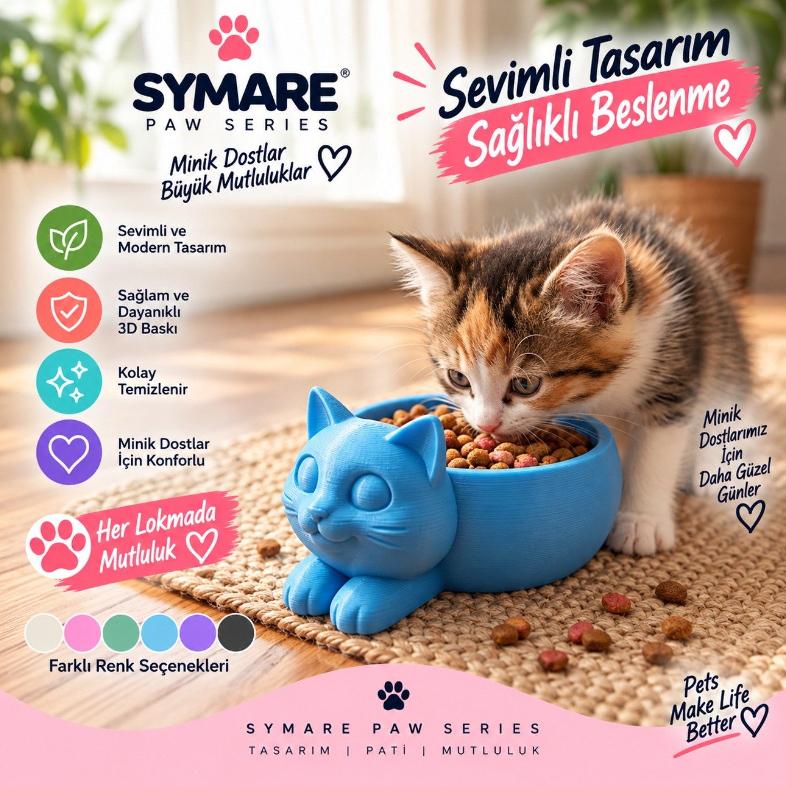 Mavi Kedi Figürlü Mama Kabı - SYMARE Paw Series