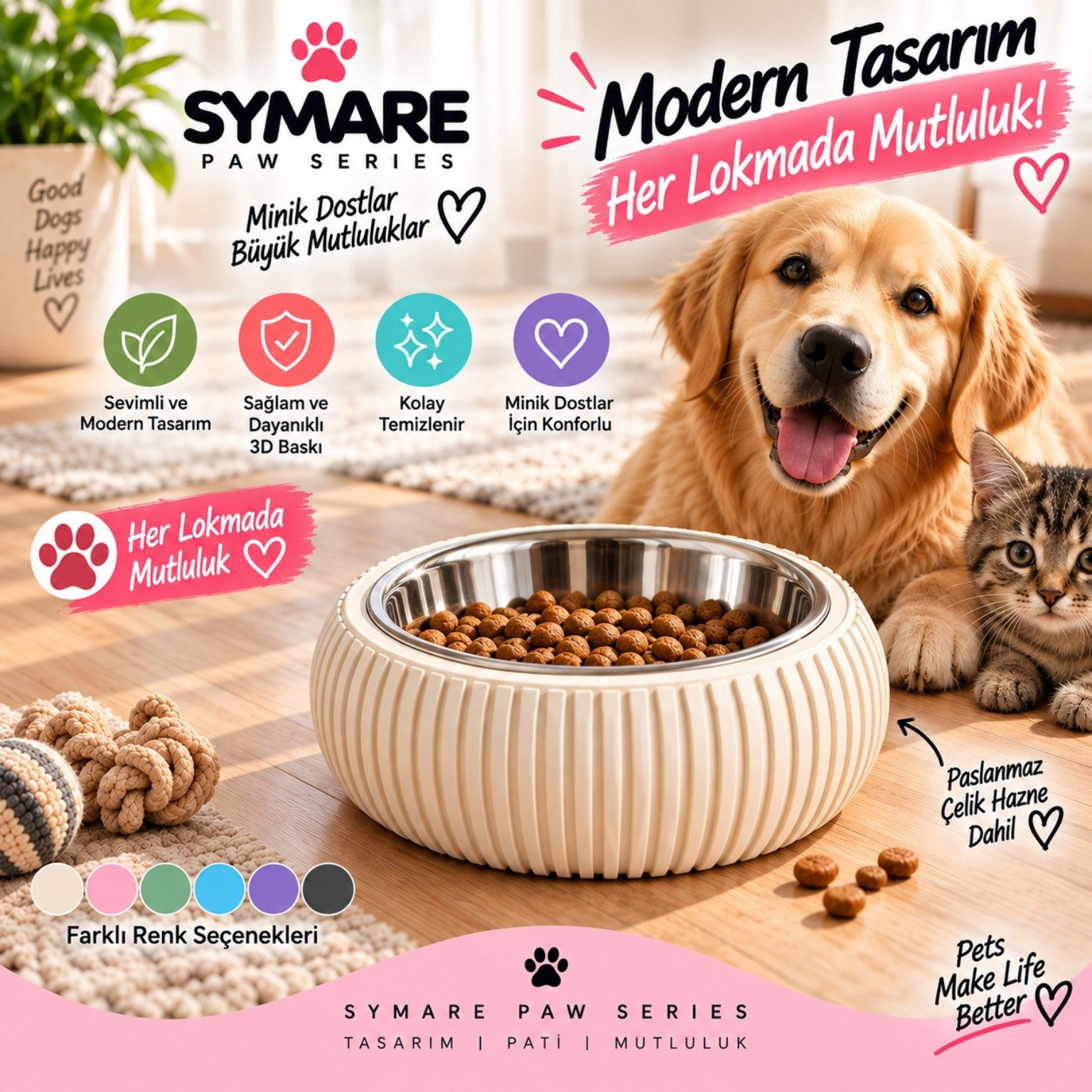 Çelik Hazneli Modern Mama Kabı - SYMARE Paw Series